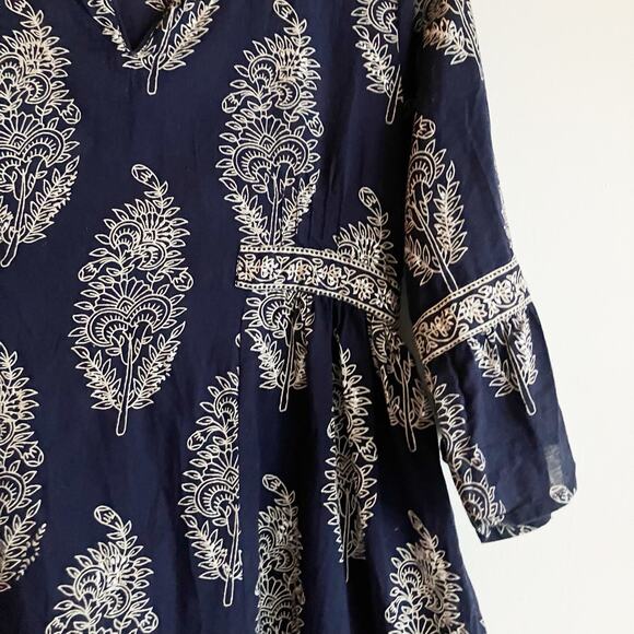 Anokhi Koki Girls Size 4-5 Dress 100% Cotton 3/4 Sleeve Dark Blue Paisley - Picture 6 of 11